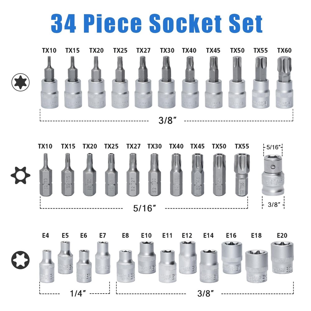 34 Pcs Torx Socket Set and Female E-Torx Star Socket Set,Include 12PCS E4-E20...