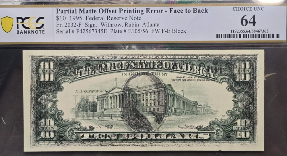 1995 $10 ERROR; OFFSET PRINTING;  PCGS CH UNC 64!