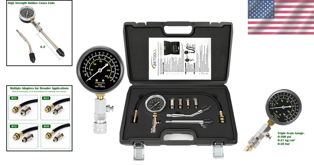 8pcs Petrol Engine Compression Tester Kit with Brass Gauge - 0-300 psi