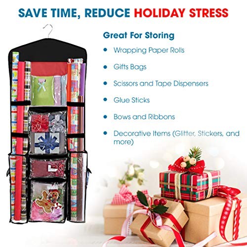 Hanging Double Sided Wrapping Paper Storage Organizer With Multiple Black