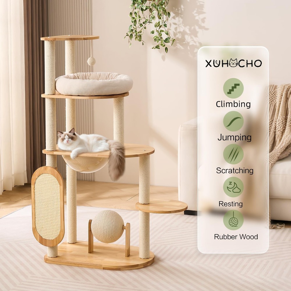 Modern Cat Tree with Scratching Post, Solid Wood Cat Tree Tower for Indoor Ca...