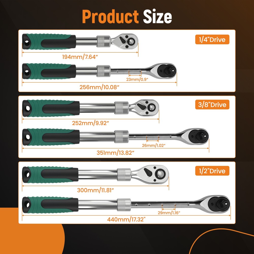 Professional Socket Wrench Set 3PC Extendable Handle 72-Tooth Mechanic Tools