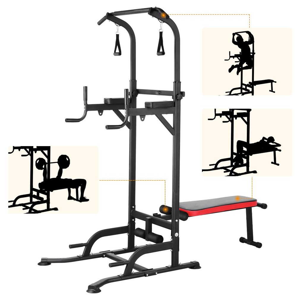 Power Tower with Bench Pull Up Bar Dip Station Gym Strength Training Adjustable