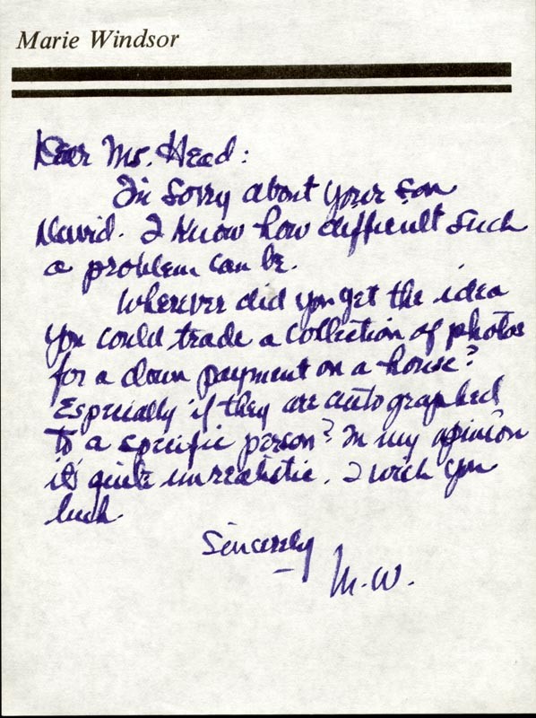MARIE WINDSOR - AUTOGRAPH LETTER SIGNED