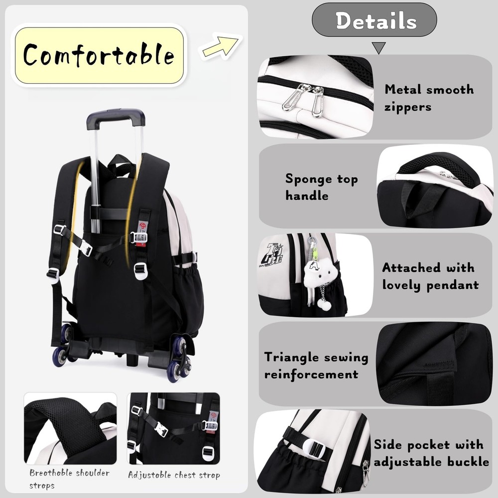 Black Rolling Backpack For Girls Boys Elementary Middle School 2 Wheels