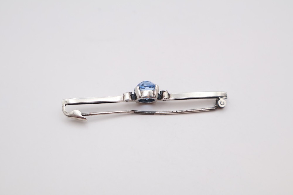 Vintage Silver Bar Brooch with Blue Stone