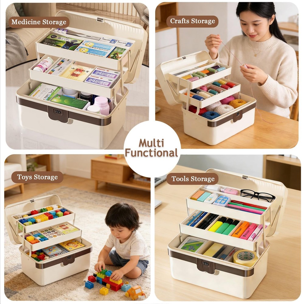 3-Layer Plastic Tackle Lock Box Organizers Storage, Portable Folding Sewing B...