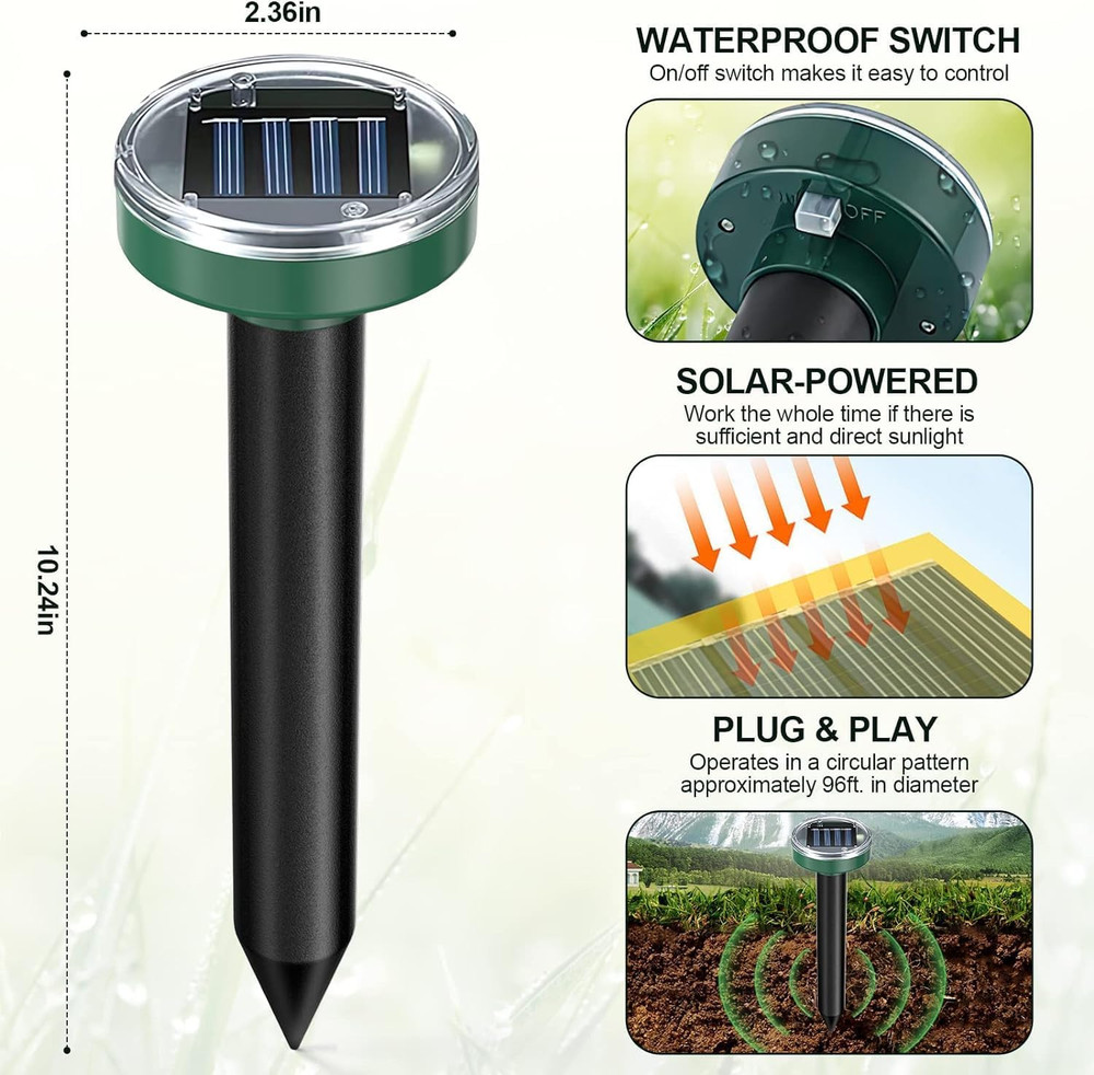 8 Pack Mole Repellent Solar Powered Snake Repellent Ultrasonic, Gopher Repeller