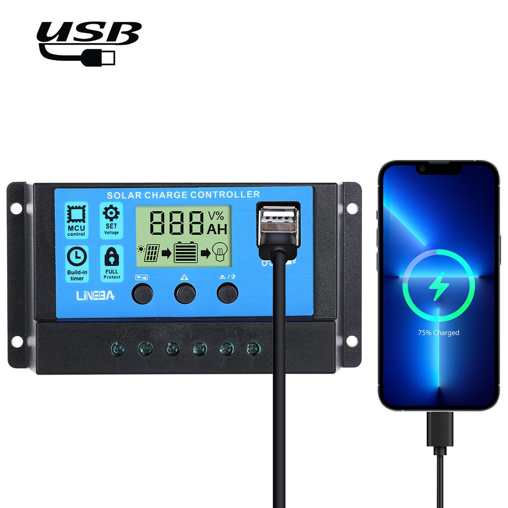 30A PWM Solar Panel Charge Controller 12V/24V Battery PV Regulator 2 USB Auto