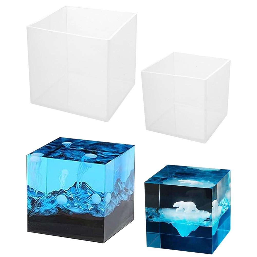 ABuff 2 Pack Square Resin Molds Cube Silicone Casting Molds, 2 Clear White