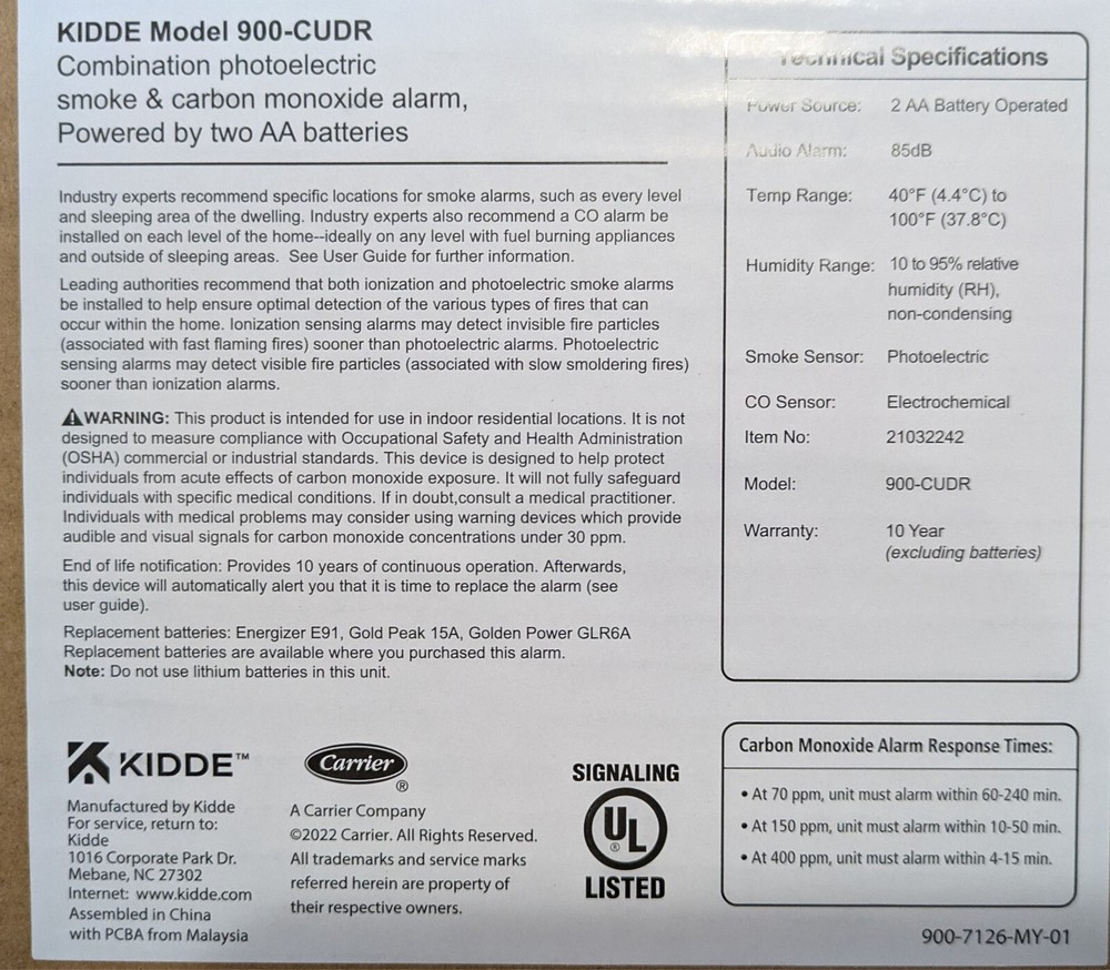Kidde Smoke & Carbon Monoxide Detector, Battery Powered, LED Warning Indicators