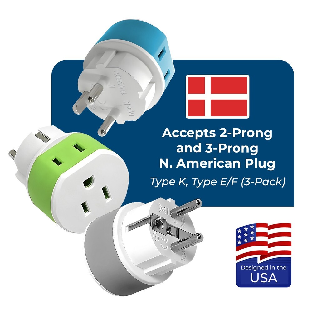 OREI Denmark Travel Plug Adapter - 2 USA Inputs - 3 Pack - Type K