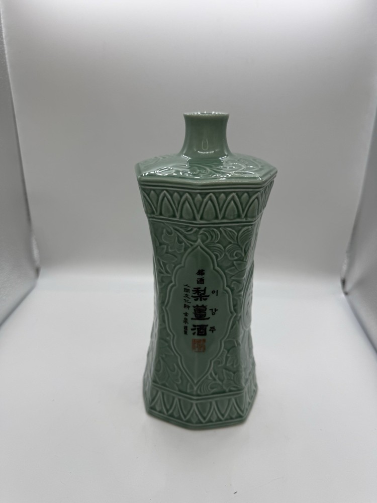 Ceramic Celadon Octagonal Bottle Leegangju, Korean Luck