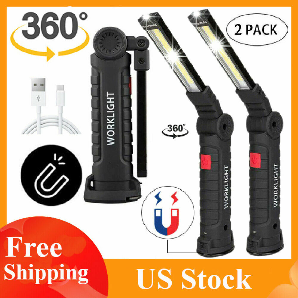 2PCS USB Rechargeable LED Work Light with Magnetic Base & Folding Torch Design