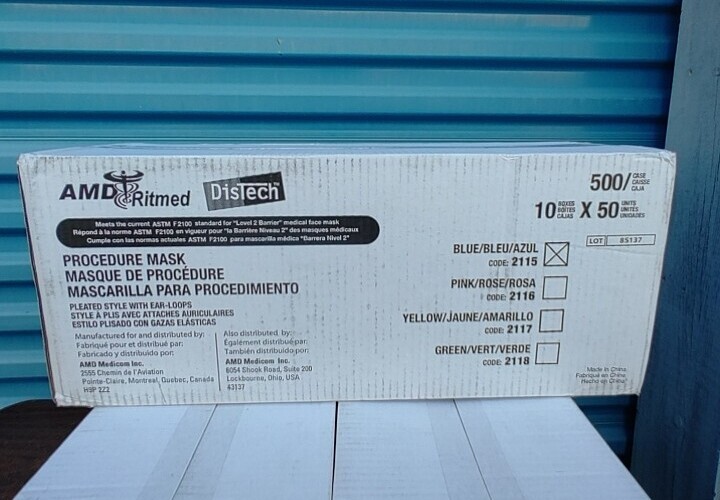 (1) Box 500 Masks AMD Ritmed 2115 Distech Earloop Facemasks ASTM Level 2 Blue