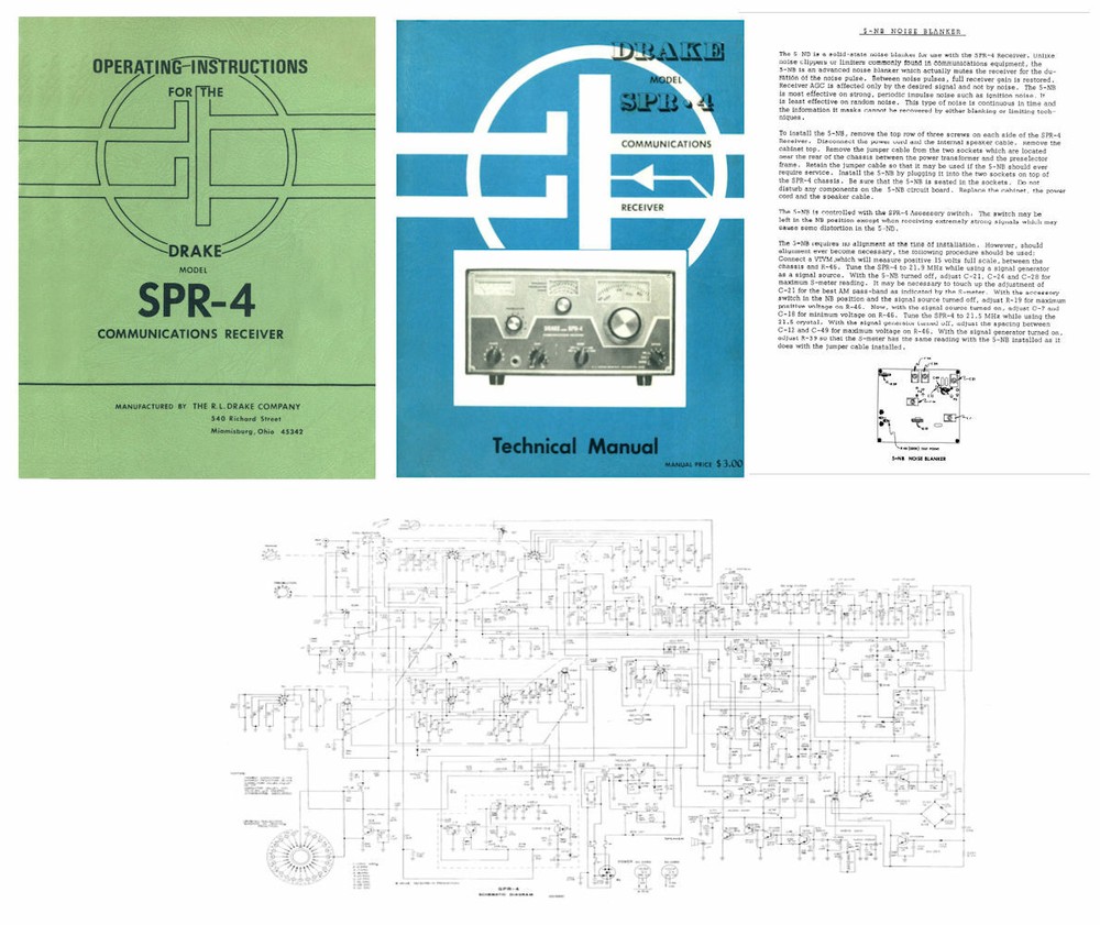 DRAKE SPR-4 OPERATING INSTRUCTIONS + TECHNICAL MANUALS + 11x17" SCHEMATIC + 5-NB