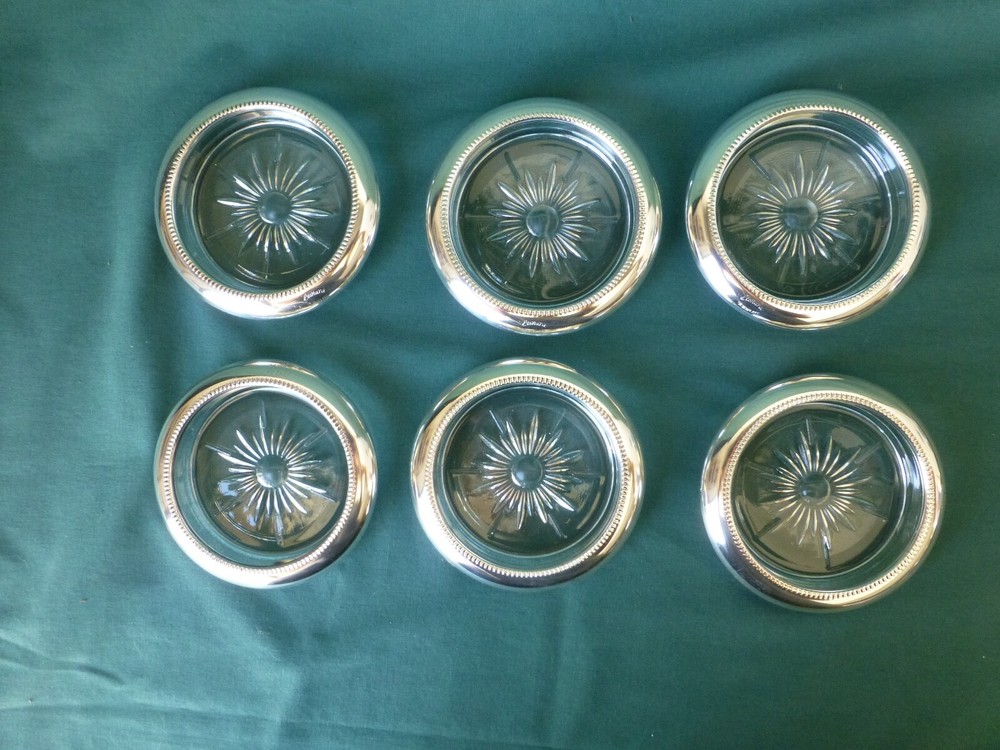 Six Leonard Silver Plate and Glass Coasters
