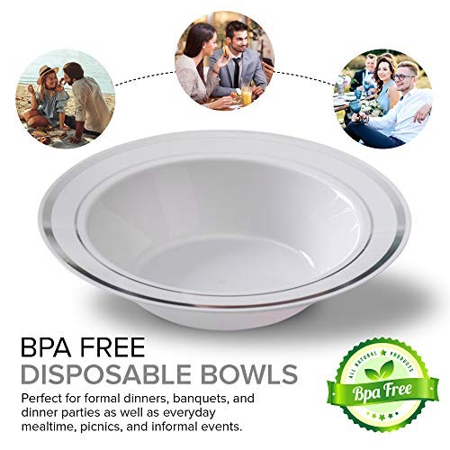 Plastic Party Bowls () 12 Oz Elegant Disposable Dinnerware – 100 Pack Silver