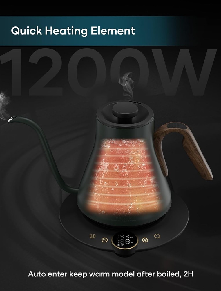 Gooseneck electric kettle with±1℉temperature control,suitable for coffee and tea
