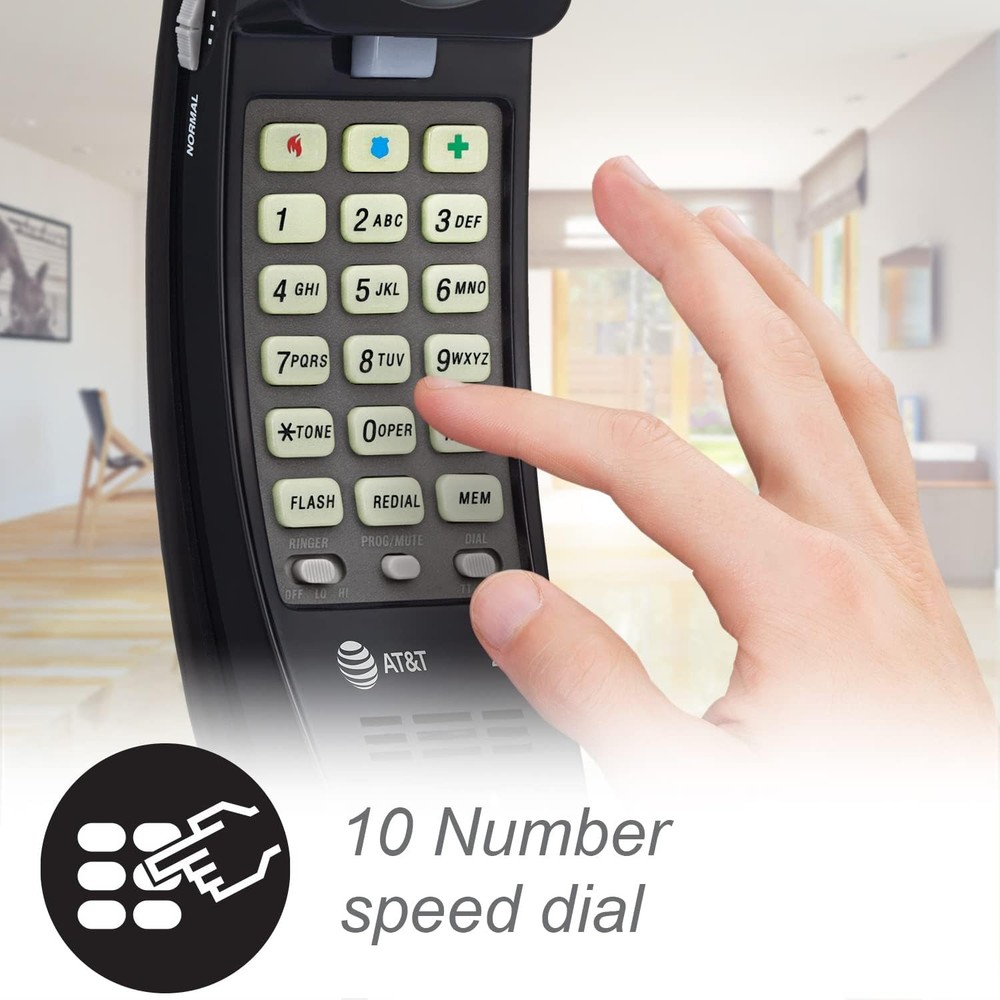 AT&T 210 Basic Trimline Corded Phone, No AC Power Required, Black