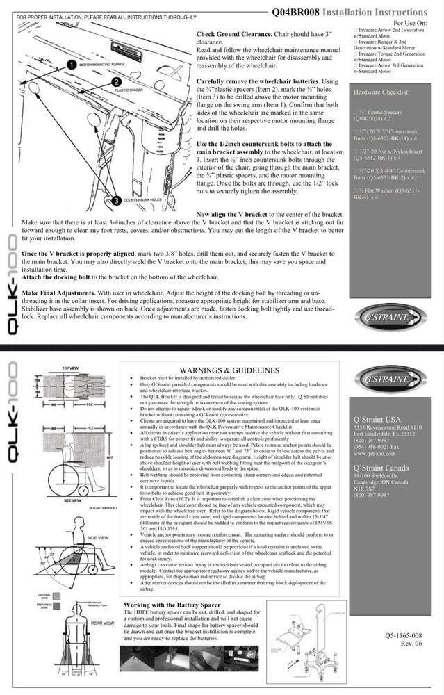 Q04BR008 Invacare Storm Standard Motor QLK Bracket