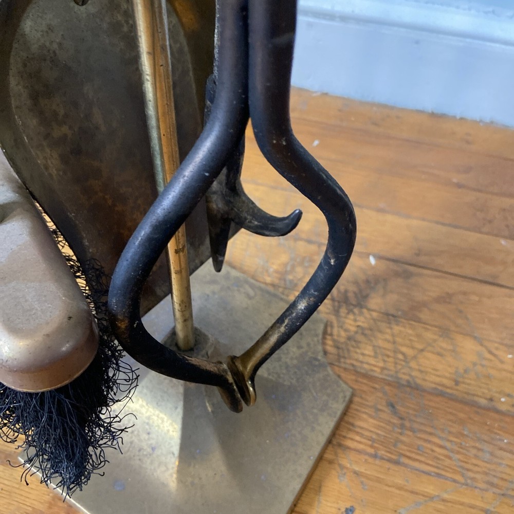 Antique Brass Fireplace Tools And 21” Brass Andirons