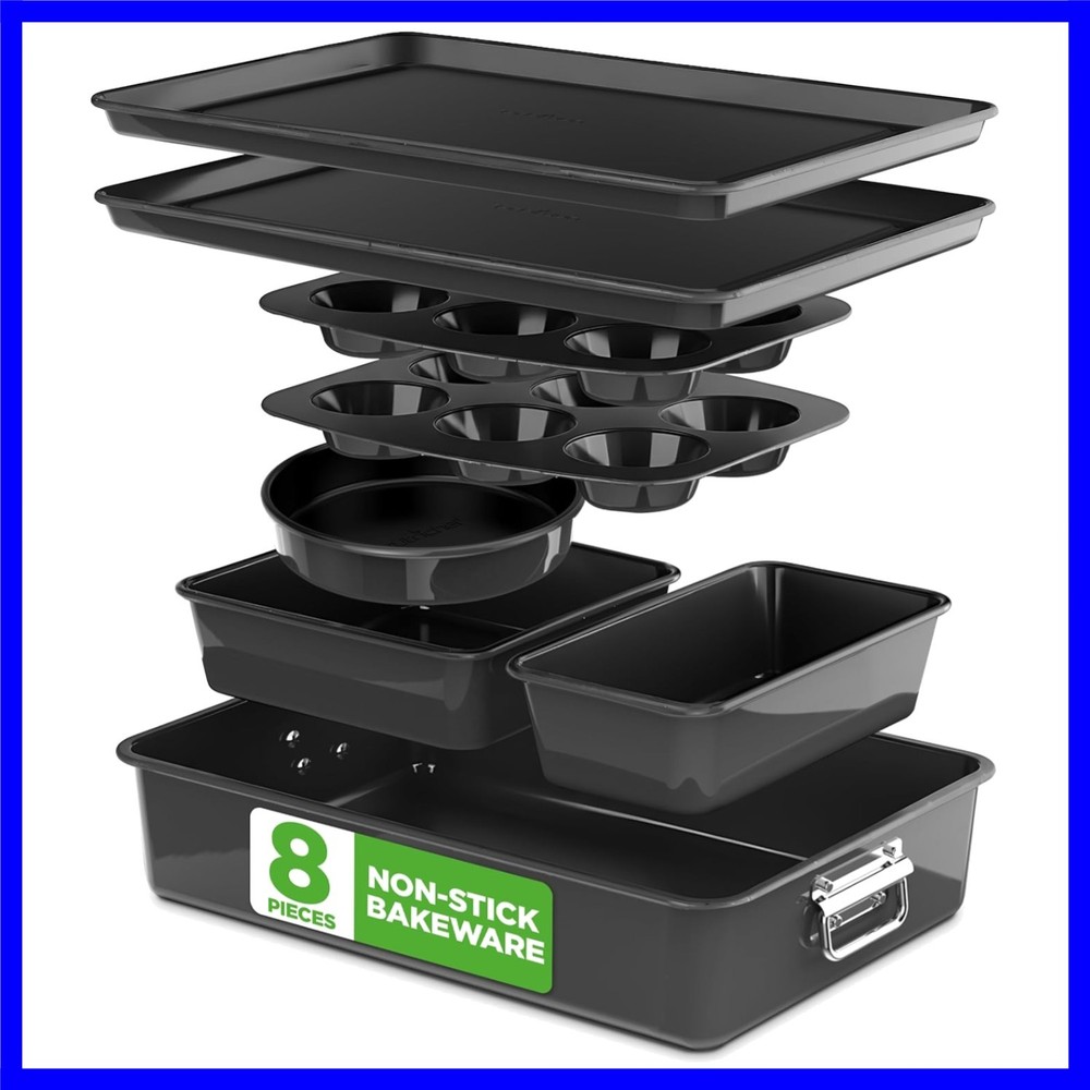 8-Piece Stackable Nonstick Bakeware Set -  Steel Baking Pans Set - Includes R...