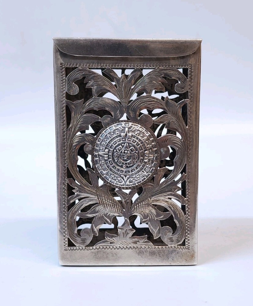 Mexico Aztec Sun Sterling Silver 925 Engraved Cigarette Case