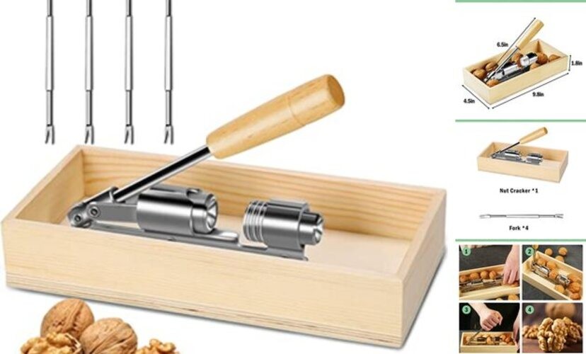 Heavy Duty Pecan Nut Cracker Tool with 4 Forks, Wood Handle Base with