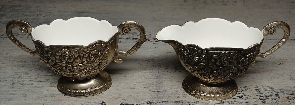 Silver Plate Cream & Sugar Dish Set With Porcelain Inside Nice Embossing Outside
