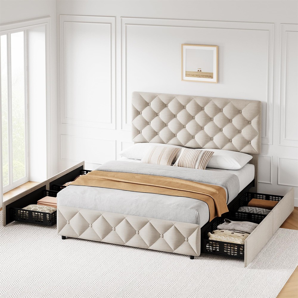 Queen Size Bed Frame with 4 Storage Drawers and Headboard Upholstered Platform