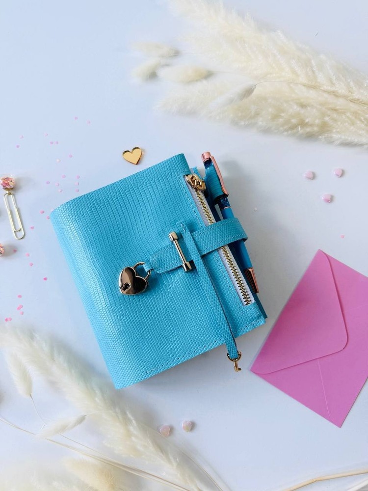 Sky-Blue leather notebook cover A7,  2 big rings mini wallet planner.