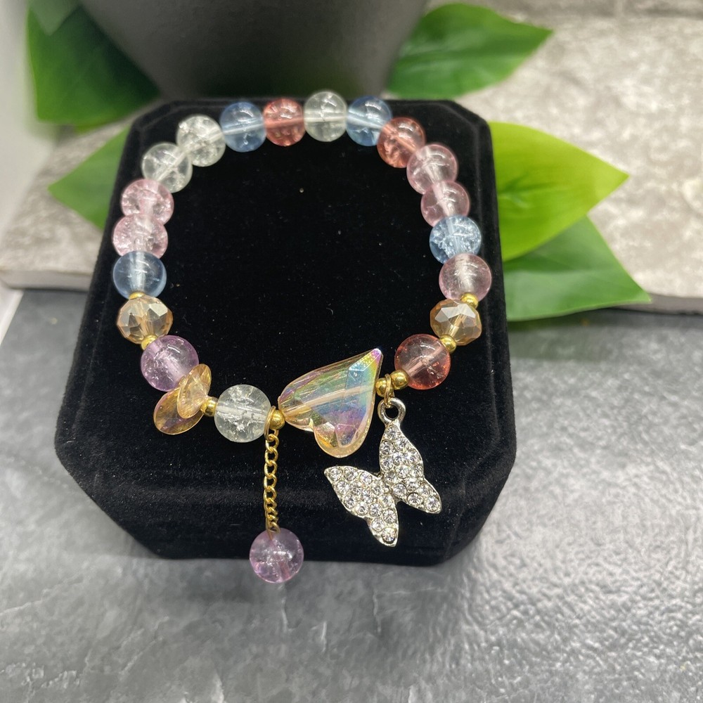 Handmade Beaded Stackable 6.5” Plus Stretch Bracelet New Butterfly Heart A1674