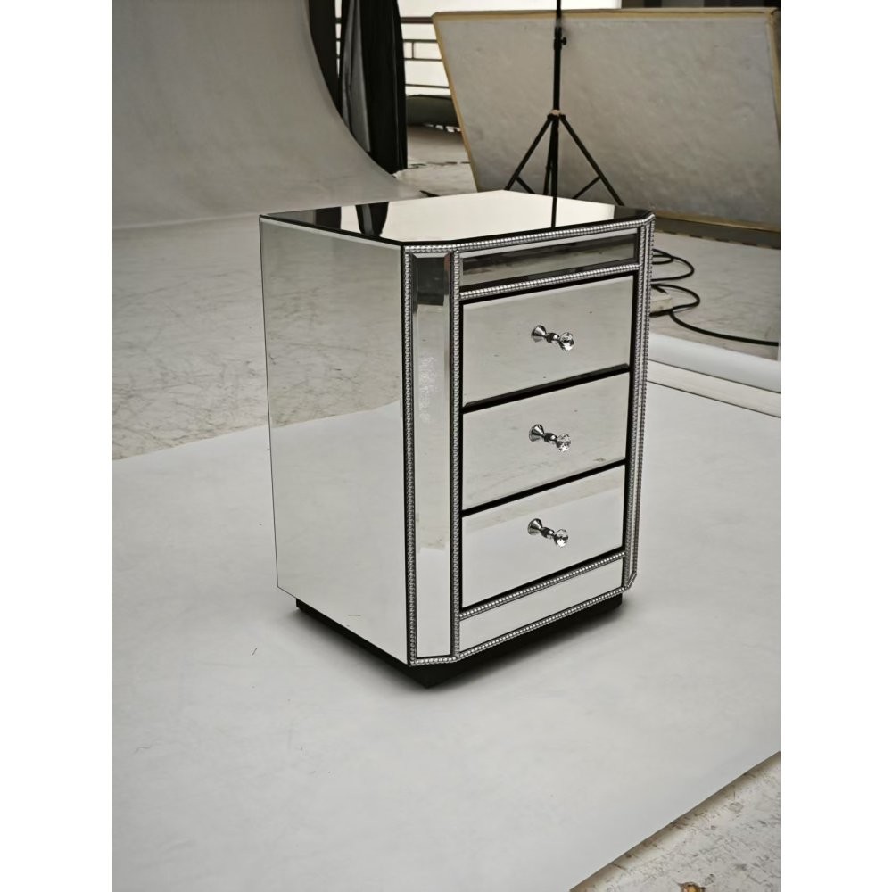 Modern Silver Mirrored Nightstand with 3 Drawers Bedside Table End Side Cabinet