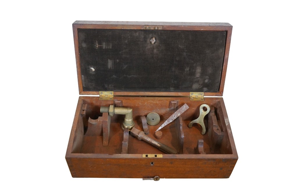Antique Mahogany Locking Scientific Instrument Case Box & Assorted Objects 13"