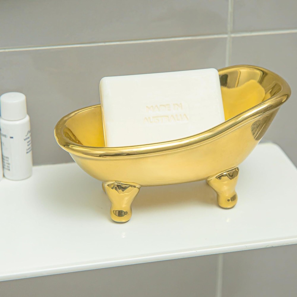 5.6" Ceramic Mini Bathtub Soap Dish Decortative Clawfoot Bathroom Golden