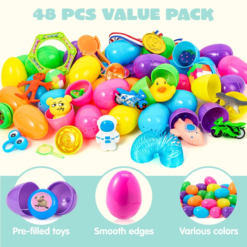 JOYIN 48Pcs Easter Eggs with Toys Inside, Prefilled Colorful