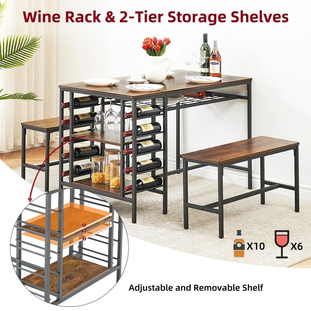 Dining Table Set for 4 ,Modern Kitchen Table with 2 Benches & torage Shelf Home