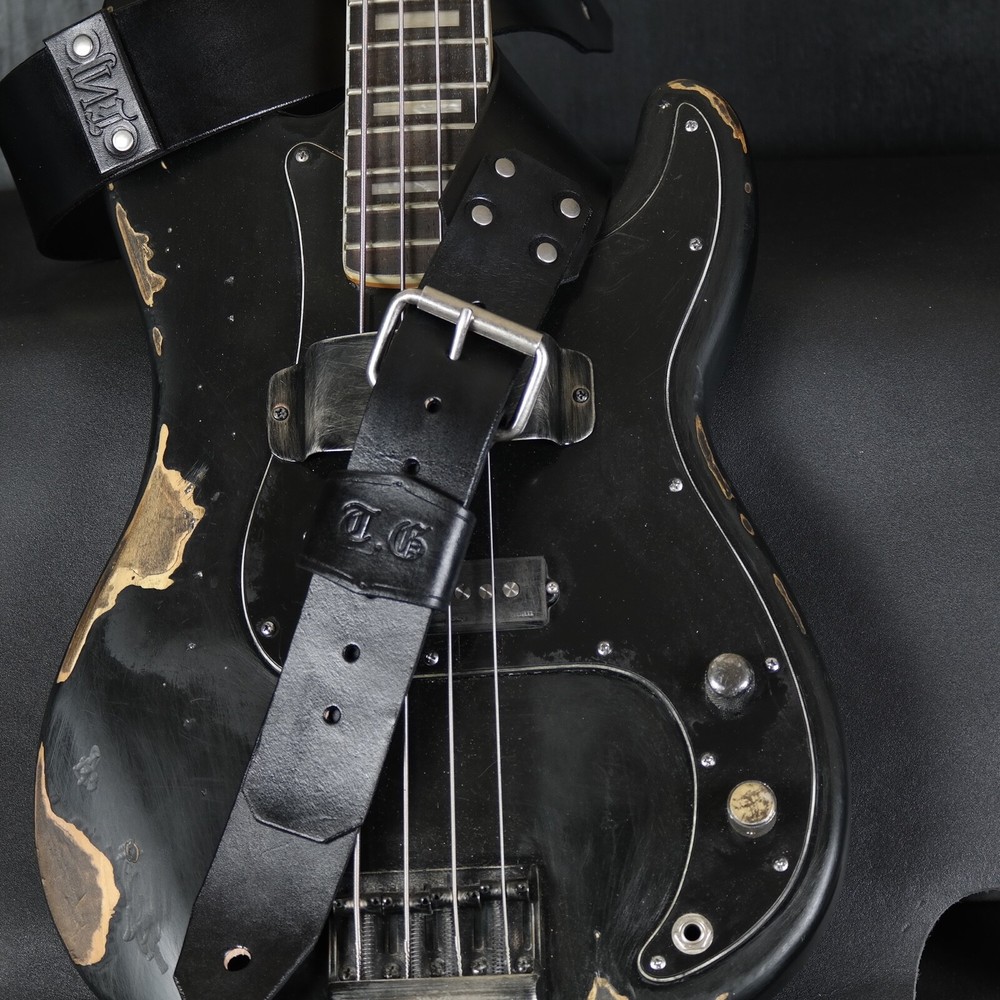 Personalized Leather Guitar Strap. Buckle & Studs design. BLACK