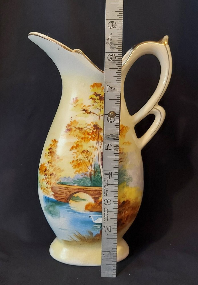 Handpainted Pitcher Swan Bridge Maple Trees