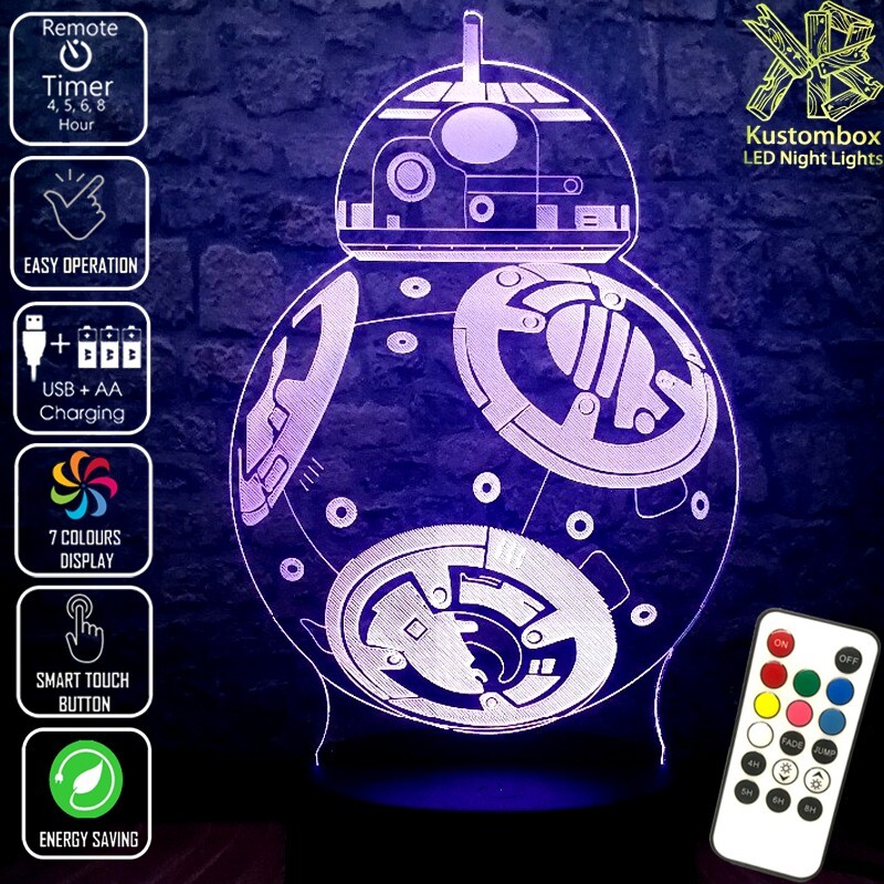 BB-8 DRIOD STAR WARS 3D LED BATTERY USB NIGHT LIGHT WITH 7 COLOUR REMOTE