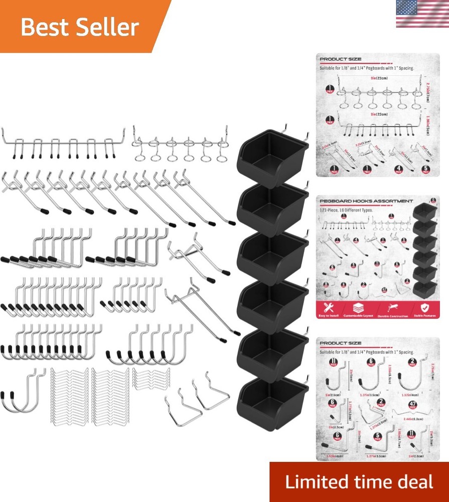Efficient 121-Piece Pegboard Set with 13 Hook Types and Rust-Resistant Finish