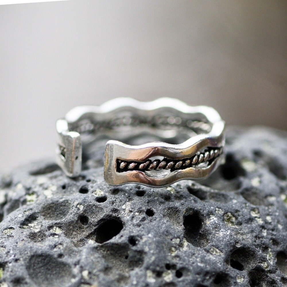 Woven Wave Open Work Band Sterling Silver, Handmade, Adjustable Size 4 3/4 up