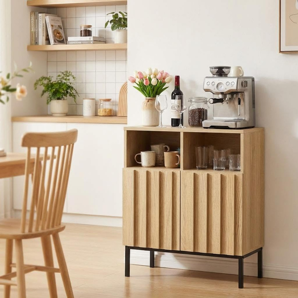 Modern Industrial Buffet Cabinet with Storage & Adjustable Shelf, Fluted Design