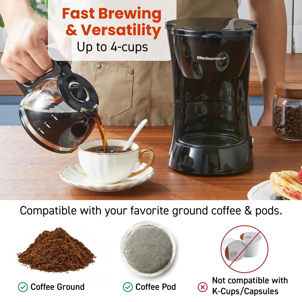 Elite Gourmet EHC4128 Automatic 4-Cup Brew & Drip Coffee Maker 4 Cups, Black