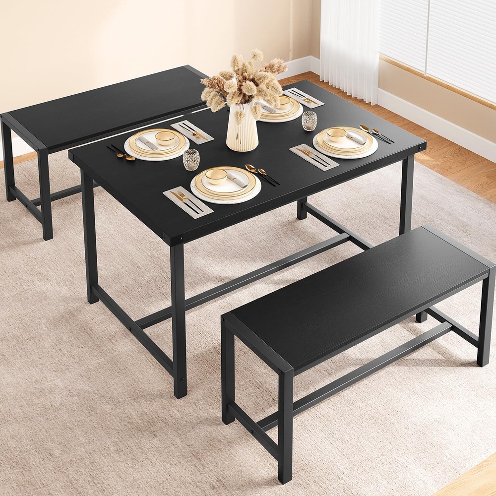 Kitchen Table with 2 Benches ,3 Piece Dining Table Set for 4 ,Dinette Set Black