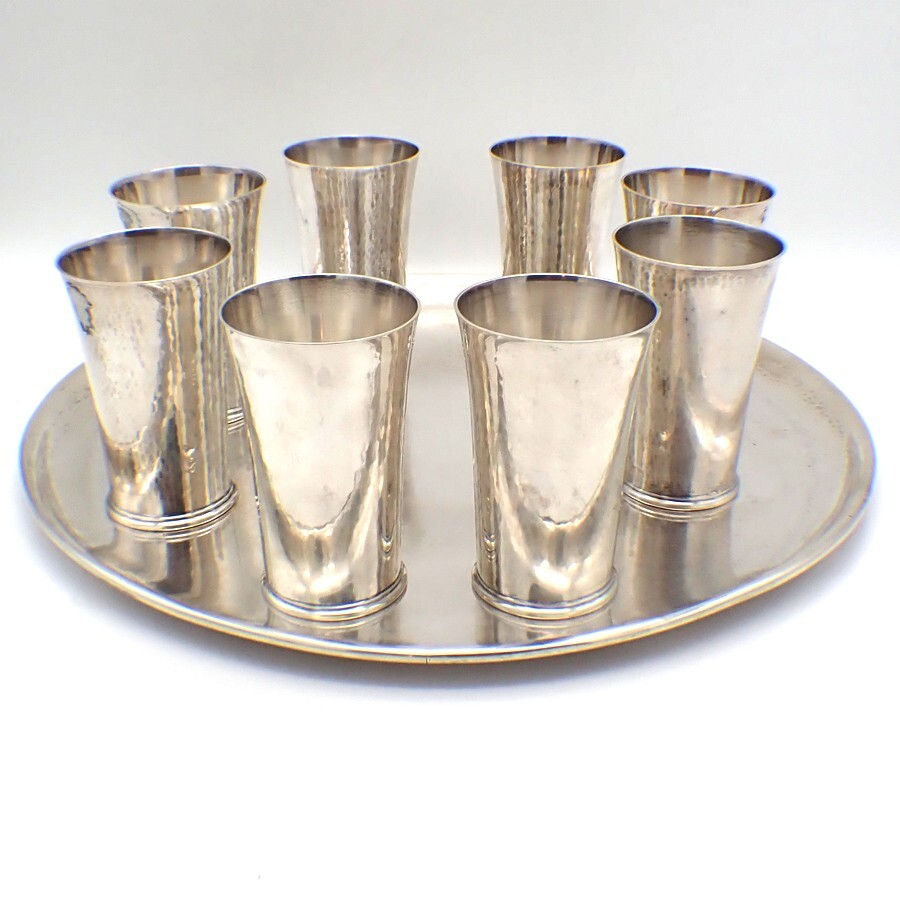 Cocktail Set 8 Cups Tray Pitcher German 835 Silver Hammered