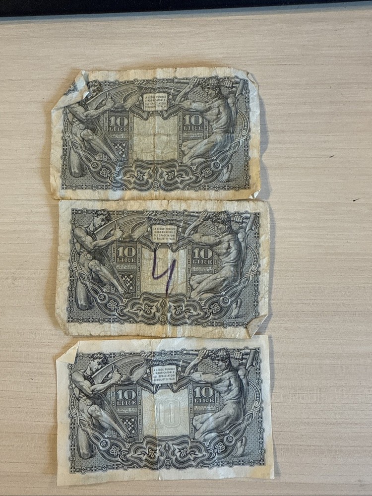 1944 Italy 10 Lire Banknote Note Bill Currency - 3 Notes