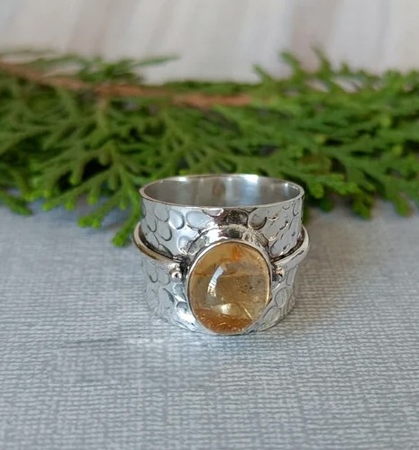 Solid 925 Sterling Silver Natural Citrine Oval Gemstone Hammered Wide Band Ring