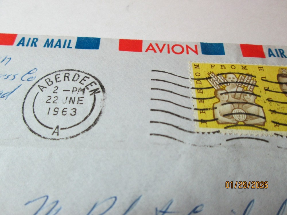 1963 AIR MAIL POST MARKED ENVELOPE "ABERDEEN". ENGLAND.
